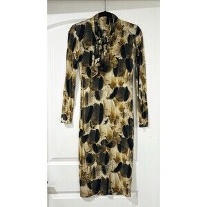 Isabel De Pedro Dress Womens 8 Wool Blend Feather Leaf Stretch Tie Neck Spain